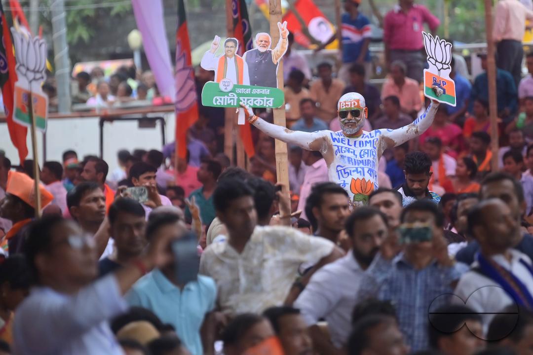 Supporters of the BJP at a rally of Prime Minister Narendra Modi ahead of the Lok Sabha Election in Agartala