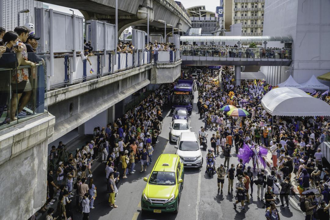 The crowd is waiting for the opening of Bangkok Pride Parade 2023, under the theme âBeyond Genderâ in front of the Bangkok Art and Culture Centre (BACC) at Pathumwan Intersection in Bangkok, Thailand.