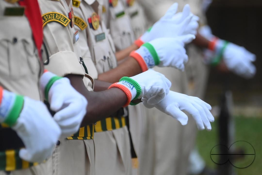 Soldiers of different platoons preparing for the 77th Independence Day parade at the Assam Rifles ground in Agartala