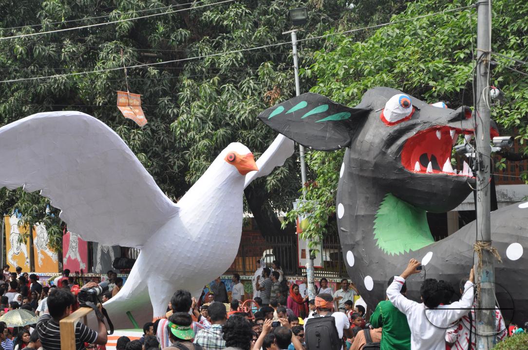 People celebrating in a colorful parade on the streets as a part of New year celebrations