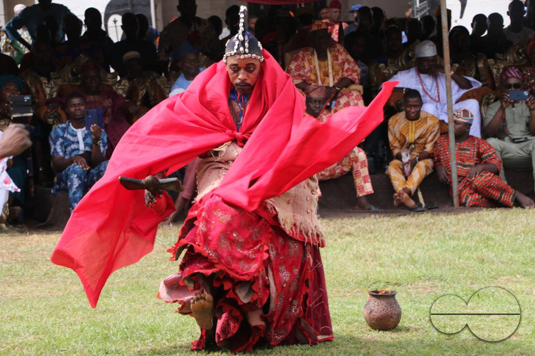 Living incarnation of Sàngó, leads the faithful to perform one of the most sacred rites at the World Sango Festival which is an annual festival held among the Yoruba people in honor of Sango, a thunder and fire deity who was a warrior and the third kin