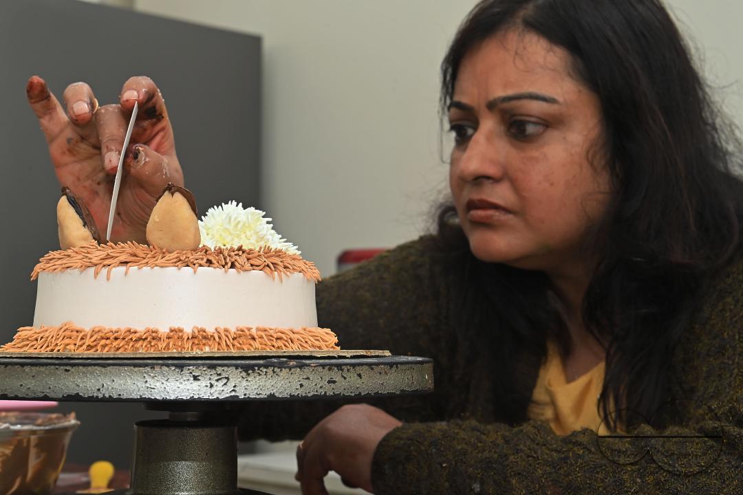 Sutapa Choudhary, a cake artist and teacher, making cakes at her cake parlour, "CREAMY DELIGHTS"