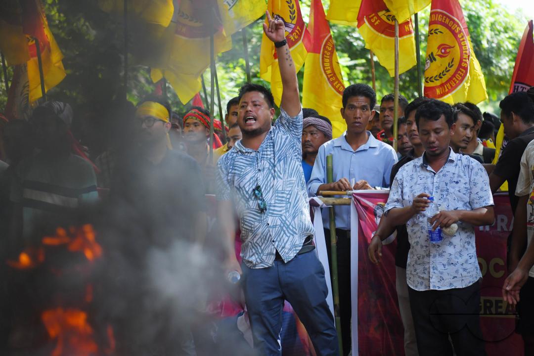 The âTipraha Indigenous Progressive Regional Alliance (TIPRA)ââ supporters raise slogans demanding a separate Greater Tipraland state for tribals, in Bermuda Ashram Para