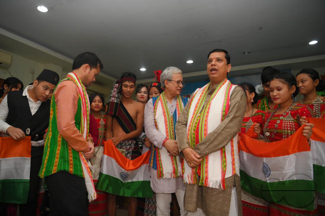 Ex Deputy CM Jishnu Dev varma, Minister of sports and youth of Tripura, Tinku Roy and Minister of Cooperation, Tribal Welfare, Sukla Charan Noatia are seen during a cultural program on the occasion of World Indigenous Day at an auditorium in Agartala