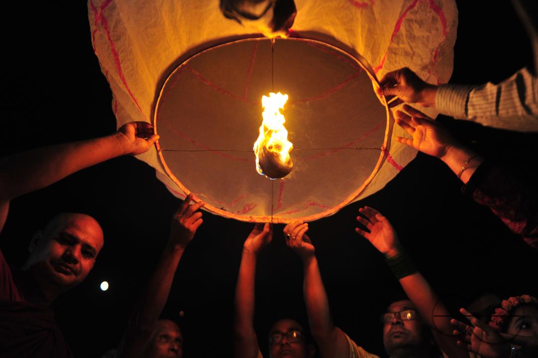 Buddhists religious followers are lighting fire sparks to celebrate Prabarana Purnima 2023 at Buddhist temples in Sylhet