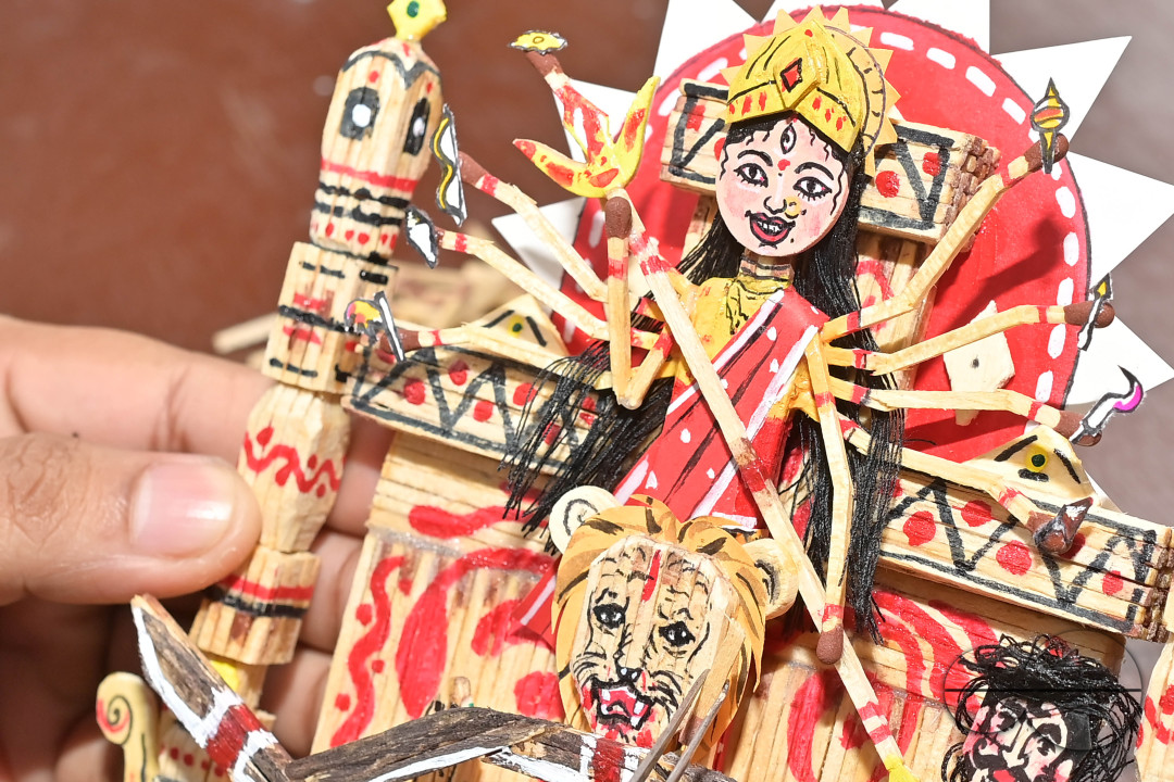 DURGA IDOL MAKING WITH MATCHSTICKS