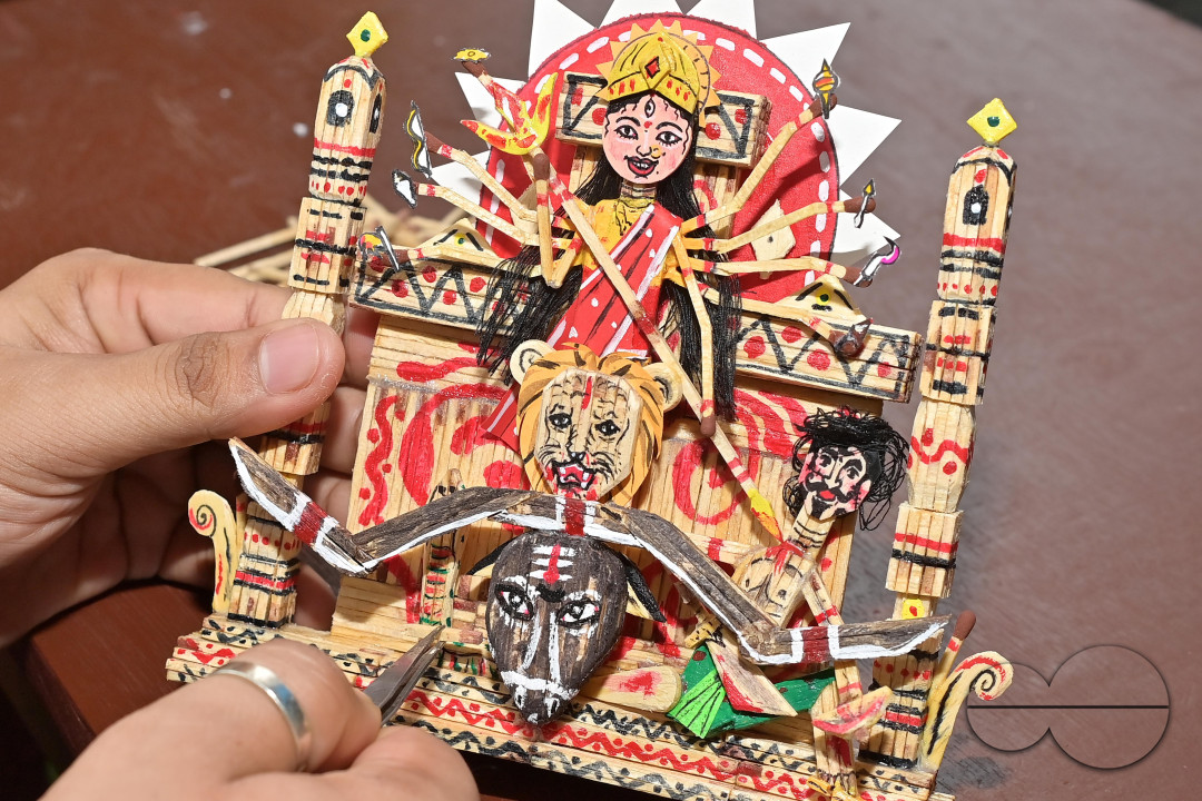 DURGA IDOL MAKING WITH MATCHSTICKS