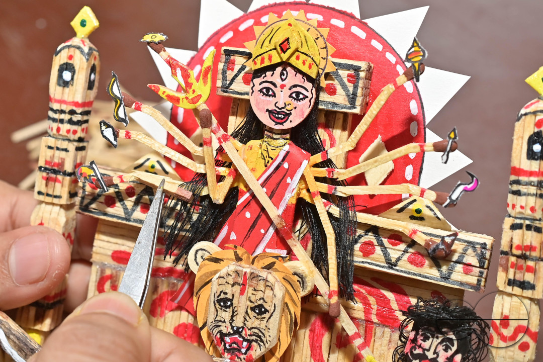 DURGA IDOL MAKING WITH MATCHSTICKS