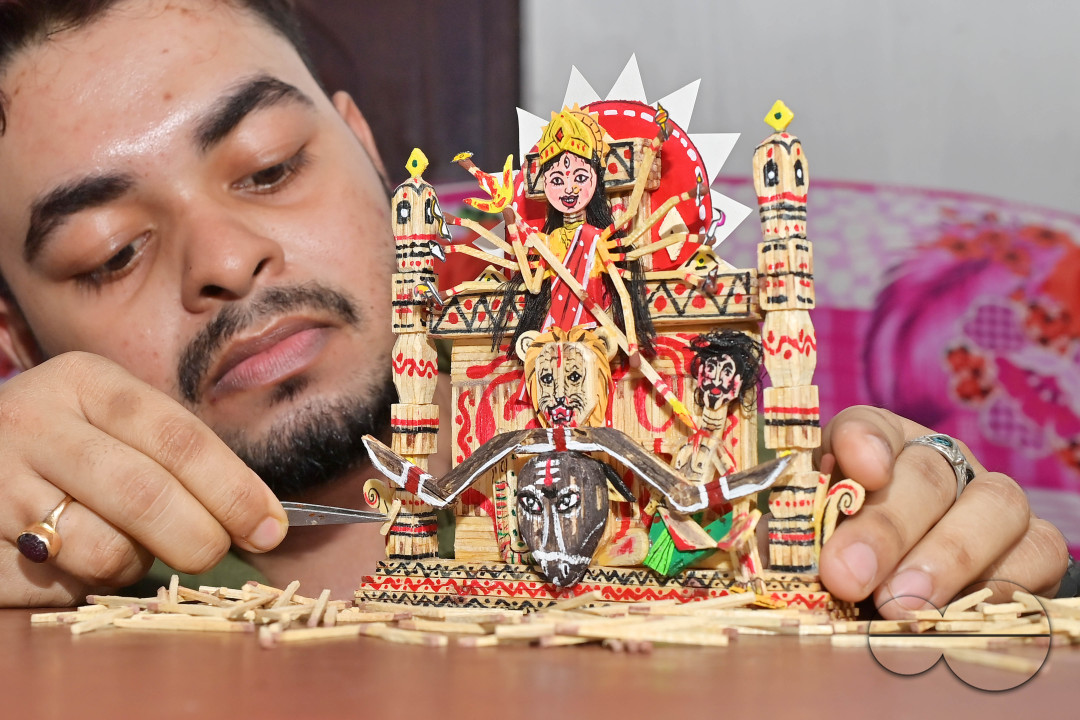 DURGA IDOL MAKING WITH MATCHSTICKS