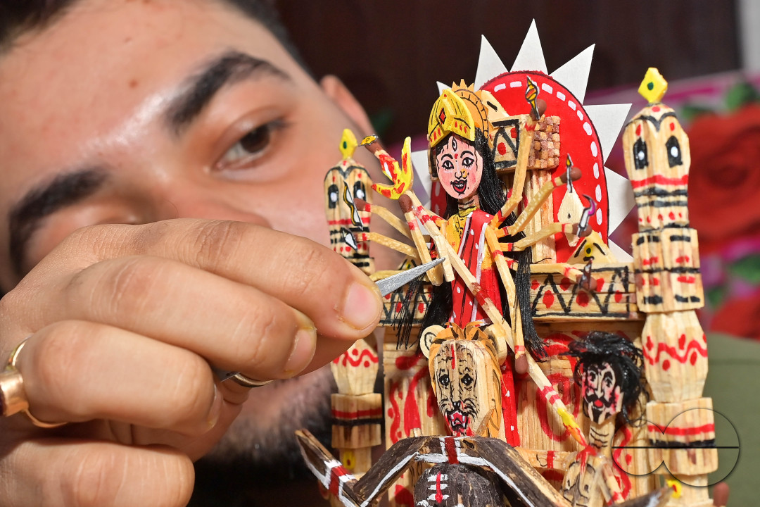 DURGA IDOL MAKING WITH MATCHSTICKS