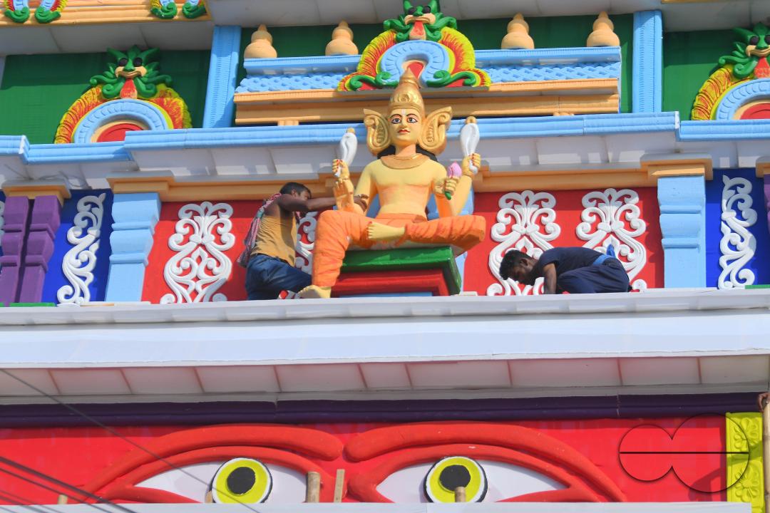 Workers are doing the final touches to a pandal to worship Goddess Kali on the eve of Diwali, the festival of light and crackers in Agartala