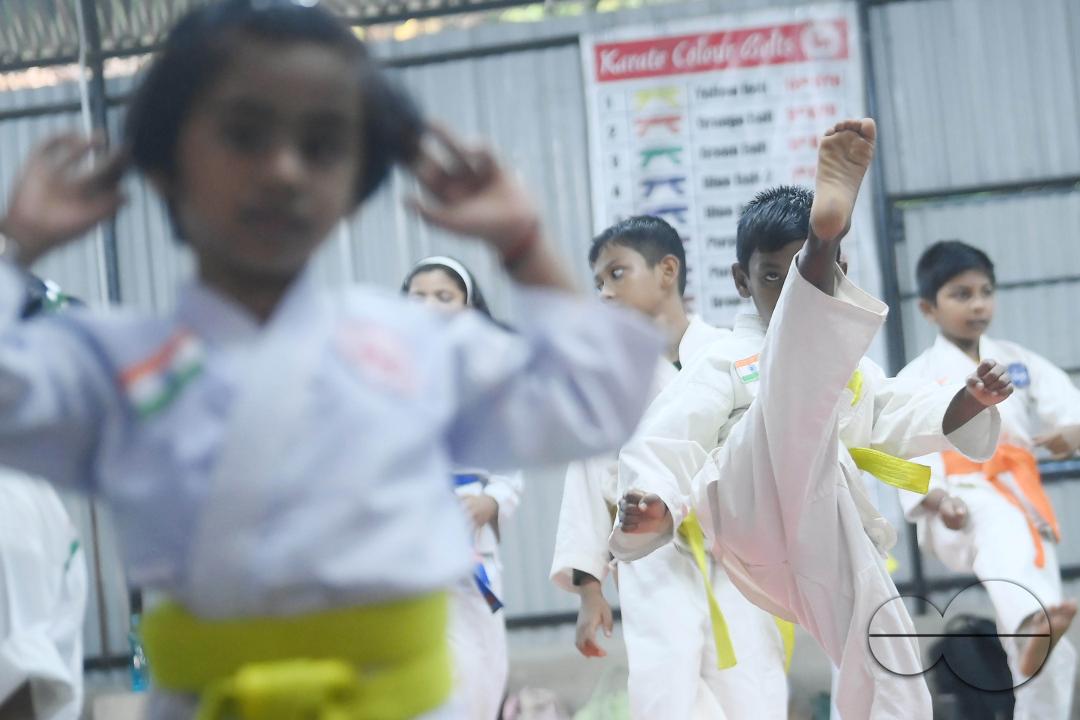 Children, who are students of the "Shotokan Karate-Do Association of Tripura", are seen performing karate during a special class on Children's day in Barjala, at Agartala