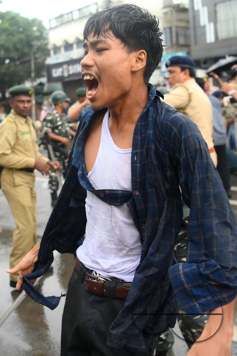 The members and supporters of the TSF (Twipra Students Federation) are protesting and demanding the introduction of Kokborok in Roman Script and passage of the 125th Constitutional Amendment Bill during their statewide 12-hour strike in Agartala