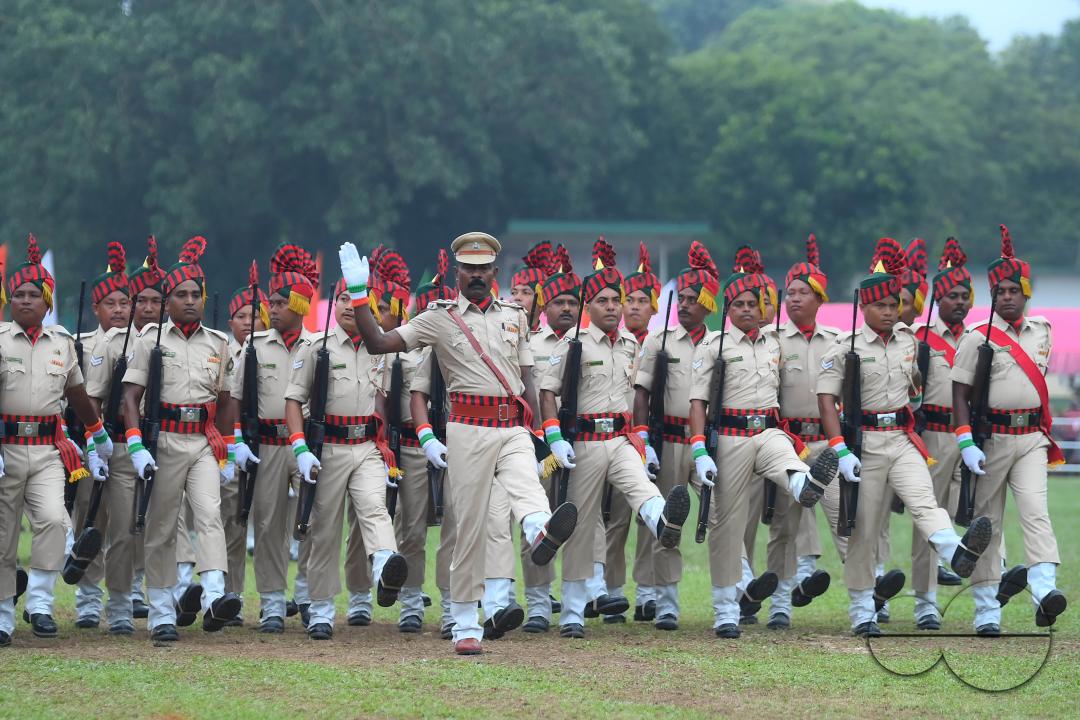 Soldiers of different platoons at the 77th Independence Day parade at the Assam Rifles ground in Agartala