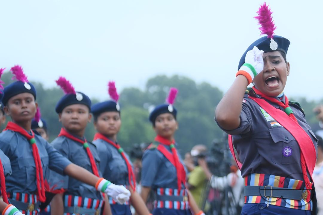 Soldiers of different platoons at the 77th Independence Day parade at the Assam Rifles ground in Agartala