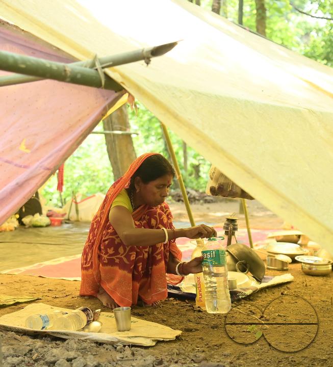 Makeshift tents at the Panisagar's reserve forest area