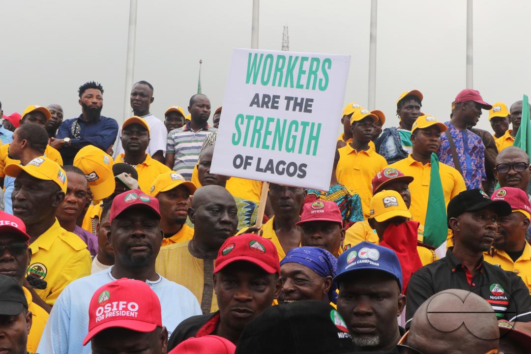 Members of  the Trade Union Congress (TUC) and the Road Transport Employers Association of Nigeria, RTEAN gather to protest against the ban on RTEAN operations by the Lagos state government in Ikeja, Lagos, Nigeria.