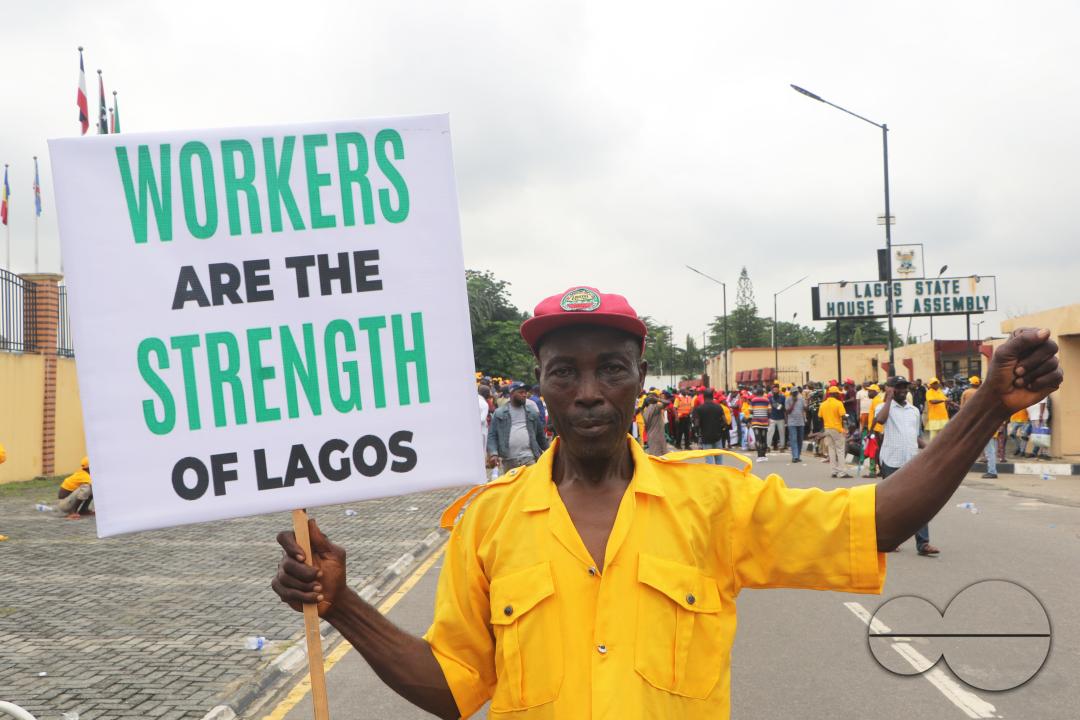Members of  the Trade Union Congress (TUC) and the Road Transport Employers Association of Nigeria, RTEAN gather to protest against the ban on RTEAN operations by the Lagos state government in Ikeja, Lagos, Nigeria.