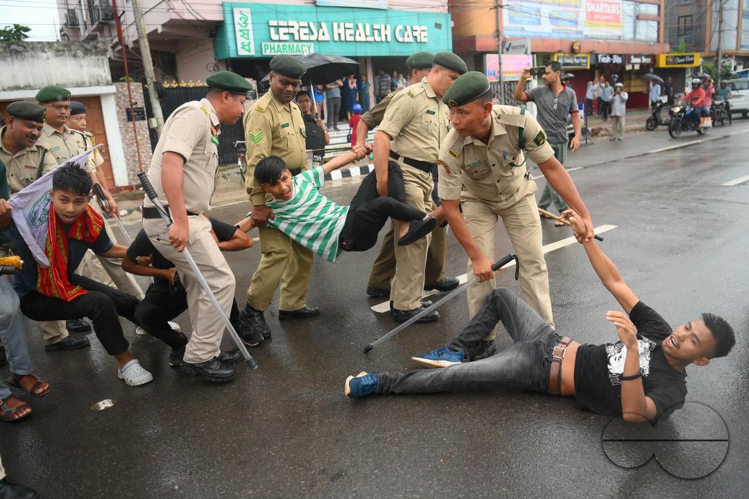 The members and supporters of the TSF (Twipra Students Federation) are protesting and demanding the introduction of Kokborok in Roman Script and passage of the 125th Constitutional Amendment Bill during their statewide 12-hour strike in Agartala