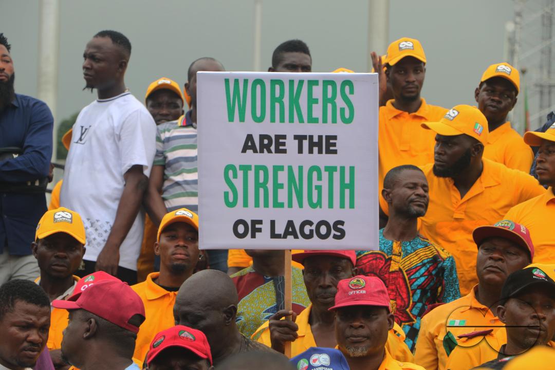Members of  the Trade Union Congress (TUC) and the Road Transport Employers Association of Nigeria, RTEAN gather to protest against the ban on RTEAN operations by the Lagos state government in Ikeja, Lagos, Nigeria.
