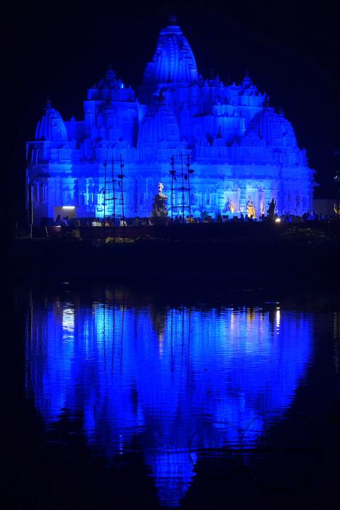 An illuminated "pandal", or temporary platform is seen where the idols of Durga are kept, and the worship of the Mother Goddess Durga is taking place during the Durga Puja festival in Agartala