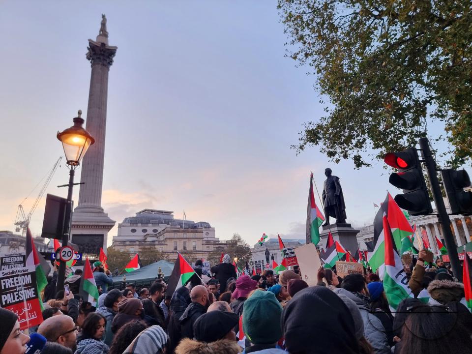 Thousands of protestors raise voices, carry placards and show their support for Palestinians, at Trafalgar Square, central London