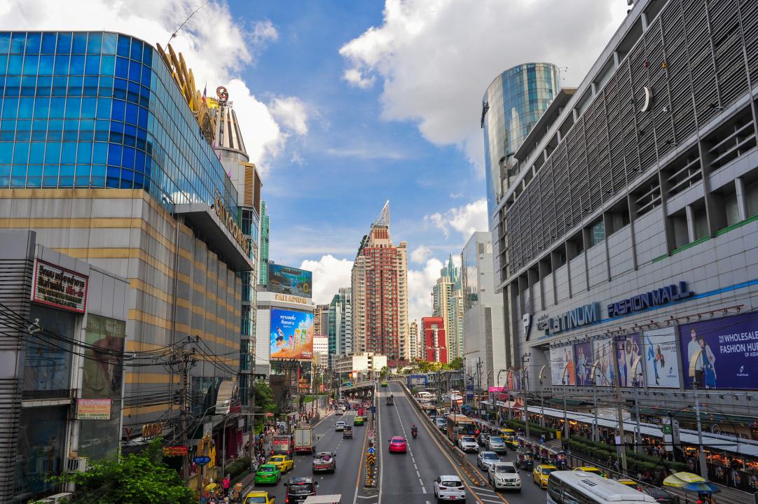 Busy streets and tall buildings of Bangkok