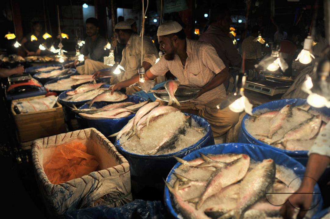 People buy Hilsa fish at the Lalbazar fish market in Sylhet city