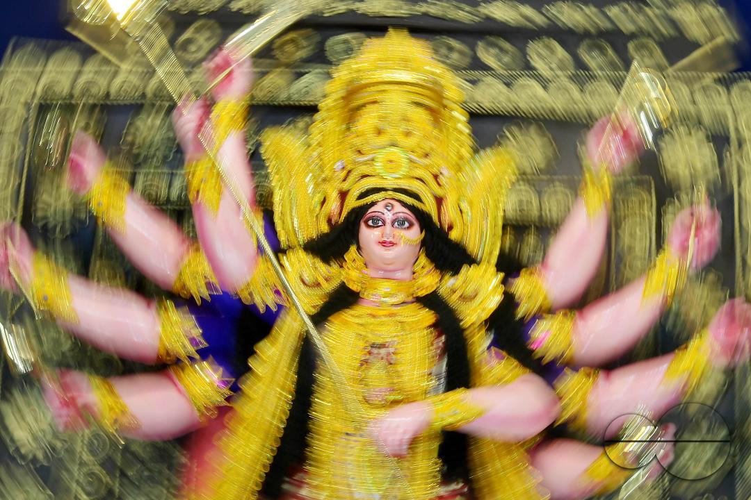 The Hindu goddess Durga is pictured inside a "pandal" or temporary platform during the Durga Puja festival in Agartala
