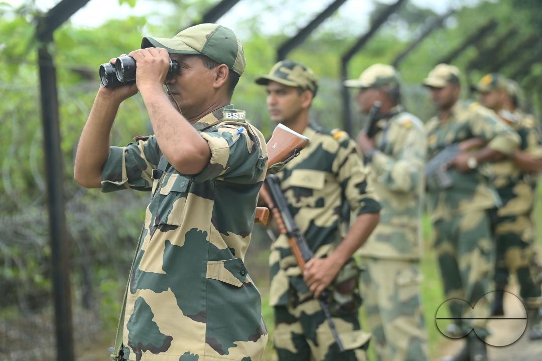Security personals of the Border Security Force (BSF) providing tight security and patrolling the India- Bangladesh fencing in Nischinta Pur area, in precaution to the ongoing anti-quota protests in neighbouring country Bangladesh