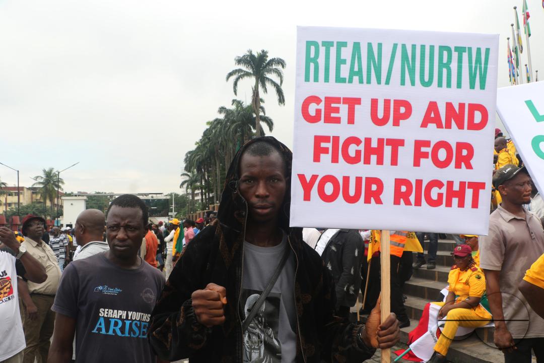 Members of  the Trade Union Congress (TUC) and the Road Transport Employers Association of Nigeria, RTEAN gather to protest against the ban on RTEAN operations by the Lagos state government in Ikeja, Lagos, Nigeria.