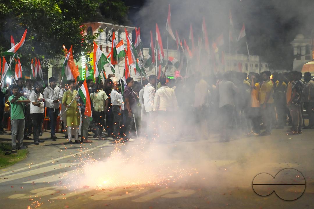 BJP party leaders, workers and the general public celebrate the successful lunar landing of the Chandrayaan-3 spacecraft on the south pole of the Moon, in Agartala
