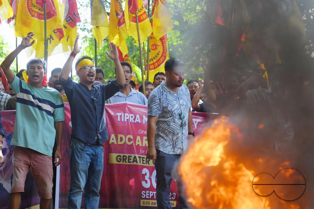 The âTipraha Indigenous Progressive Regional Alliance (TIPRA)ââ supporters raise slogans demanding a separate Greater Tipraland state for tribals, in Bermuda Ashram Para