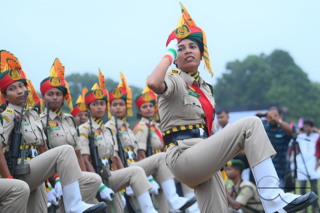 Soldiers of different platoons at the 77th Independence Day parade at the Assam Rifles ground in Agartala