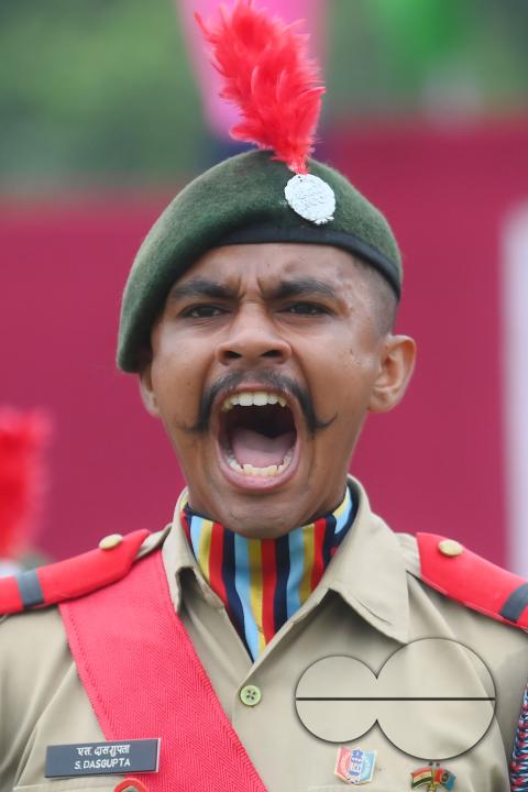 Soldiers of different platoons at the 77th Independence Day parade at the Assam Rifles ground in Agartala