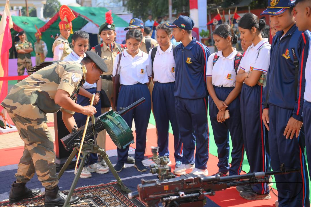 Students at Tripura University are attending a weapon display organized by the 43rd Battalion of the Border Security Force (BSF), Gokulnagar, Sepahijala, on the occasion of the 60th BSF Raising Day at Tripura University