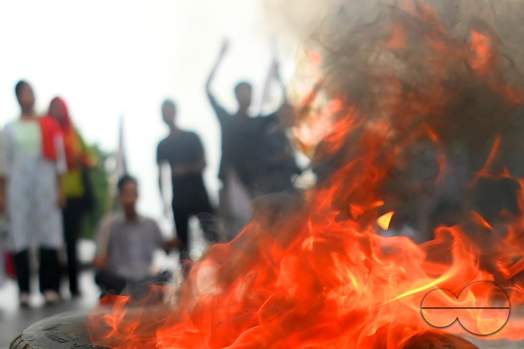 The members and supporters of the TSF (Twipra Students Federation) are protesting and demanding the introduction of Kokborok in Roman Script and passage of the 125th Constitutional Amendment Bill during their statewide 12-hour strike in Agartala