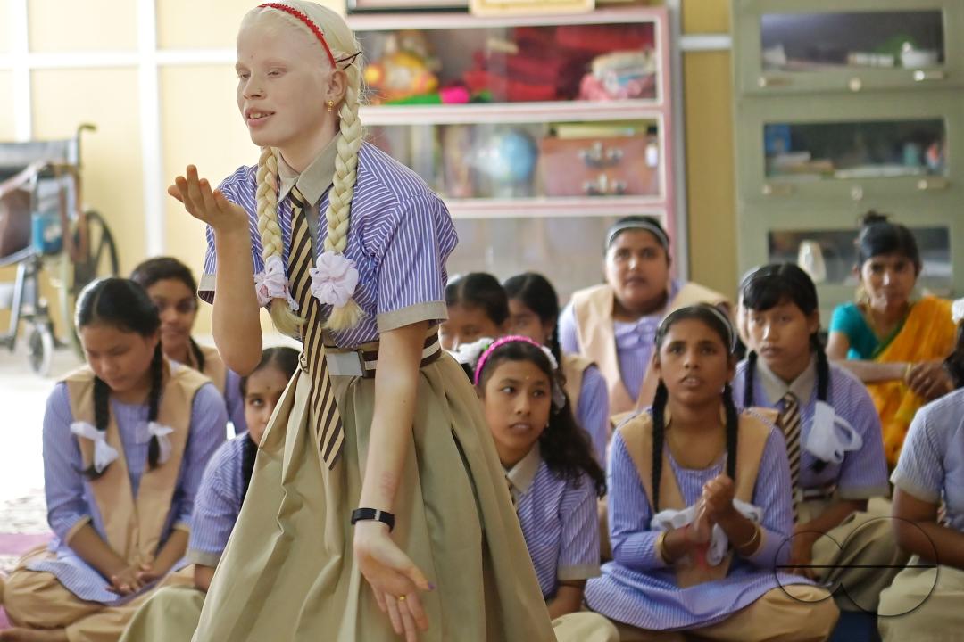 A student at the Institute for Visually Handicapped is performing a dance during the 'Children's Day' celebration at the institute's campus in Narsingarh, in Agartala