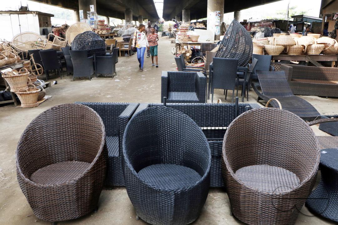 Woven household items on display at Nigeria's largest cane 'village' at Mende in the Maryland District of Lagos