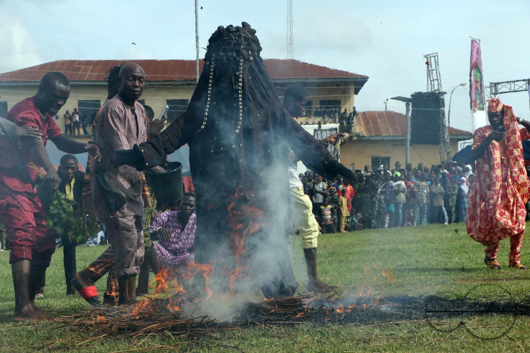 Danafojura the oldest masquerade in Oyo Kingdom, performs inside a burning fire at the World Sango Festival which is an annual festival held among the Yoruba people in honor of Sango, a thunder and fire deity who was a warrior and the third king of the O