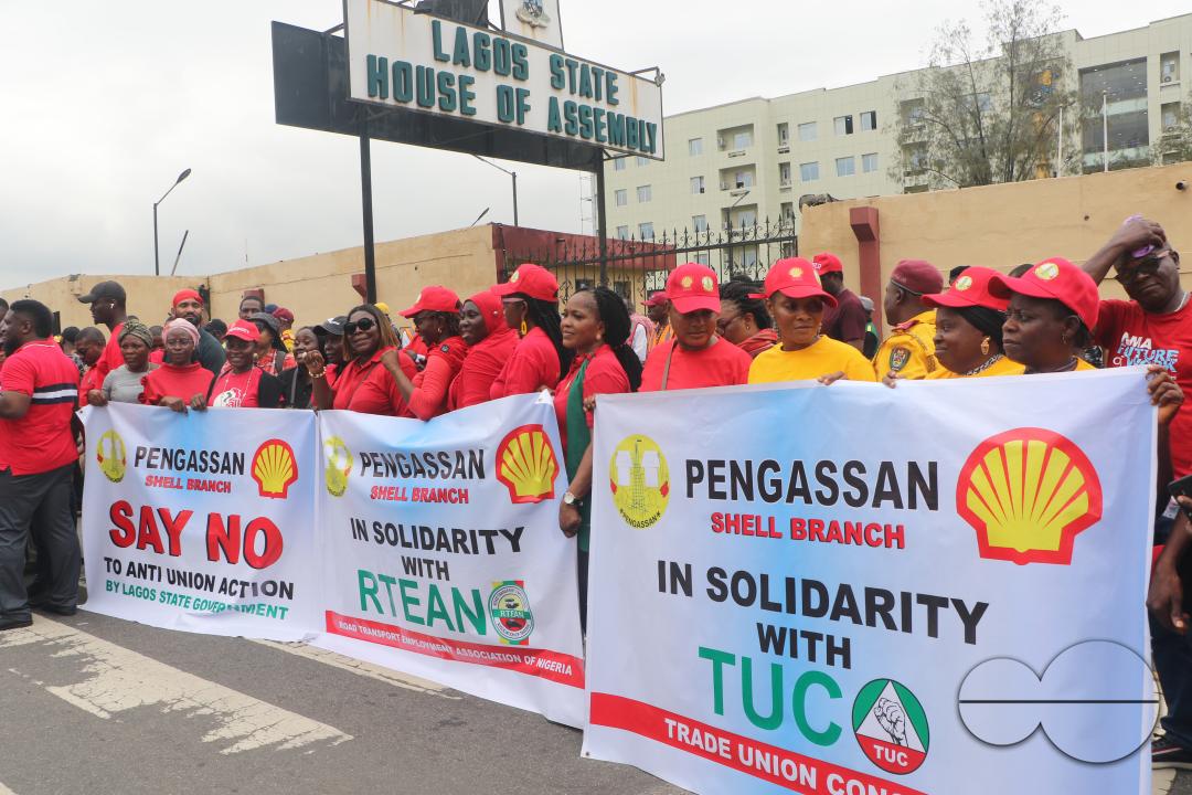 Members of  the Trade Union Congress (TUC) and the Road Transport Employers Association of Nigeria, RTEAN gather to protest against the ban on RTEAN operations by the Lagos state government in Ikeja, Lagos, Nigeria.