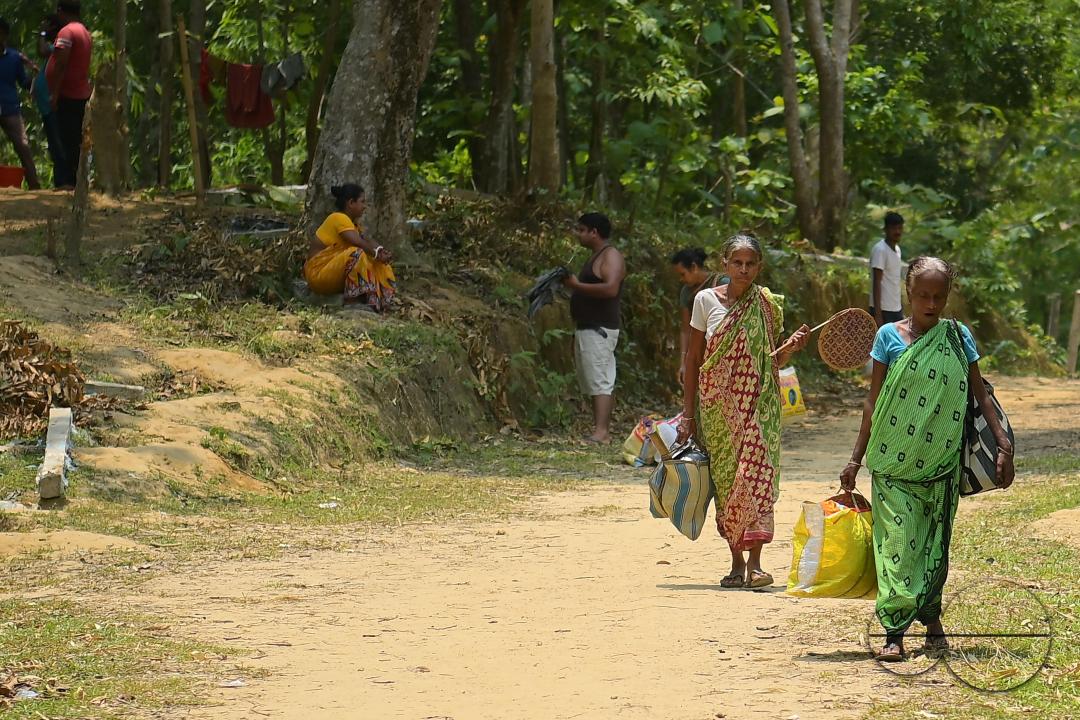People transporting household items in makeshift tents at Panisagar's reserve forest area