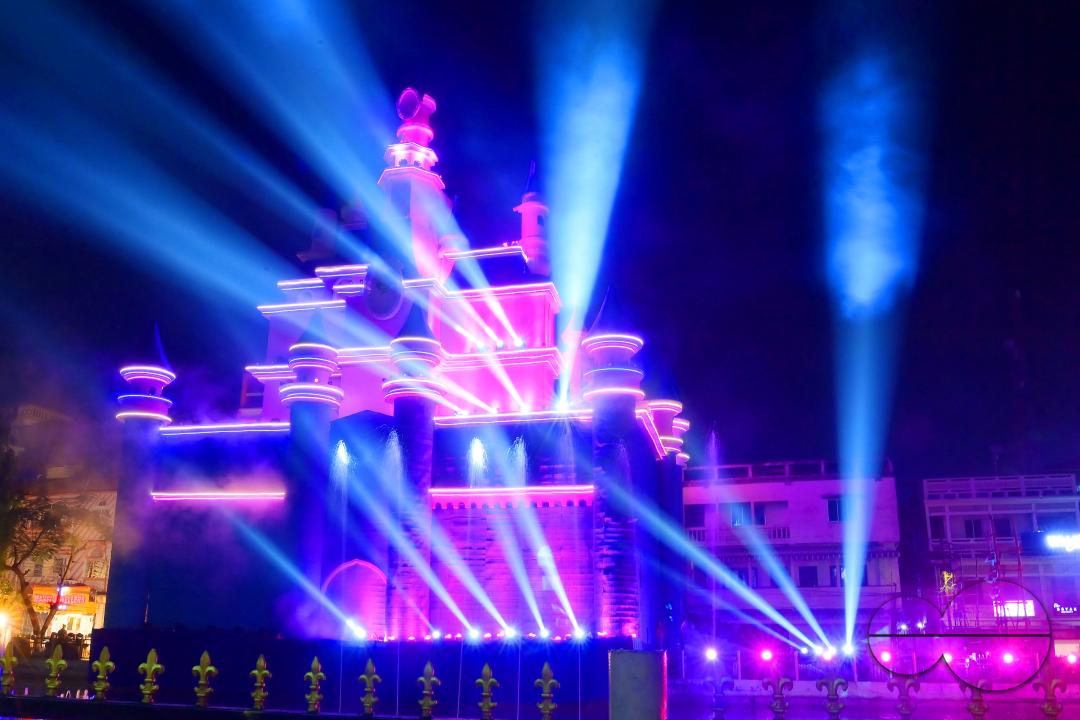 An illuminated "pandal", or temporary platform is seen where the idols of Durga are kept, and the worship of the Mother Goddess Durga is taking place during the Durga Puja festival in Agartala