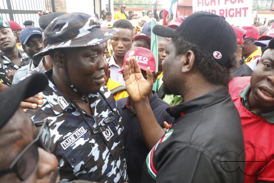 Members of  the Trade Union Congress (TUC) and the Road Transport Employers Association of Nigeria, RTEAN gather to protest against the ban on RTEAN operations by the Lagos state government in Ikeja, Lagos, Nigeria.