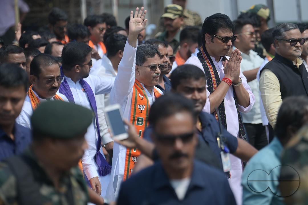 Tripura Chief Minister Manik Saha, former CM and BJP candidate Biplab Kumar Deb, and Kriti Singh along with other leaders during an election campaign rally in support of Lok Sabha candidates at Agartala