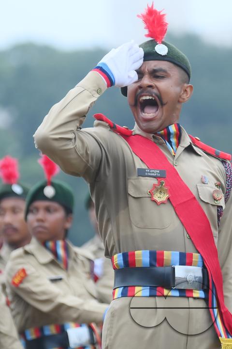 Soldiers of different platoons at the 77th Independence Day parade at the Assam Rifles ground in Agartala
