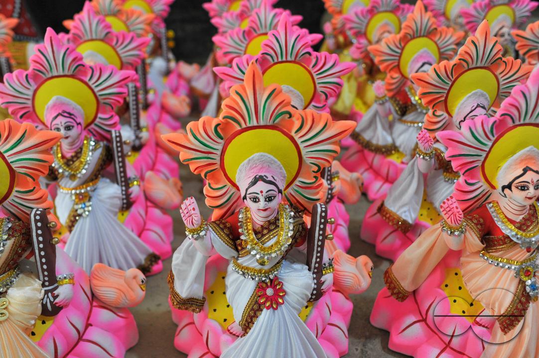 Hindu deity Saraswati's statue is being decorated in Sylhet