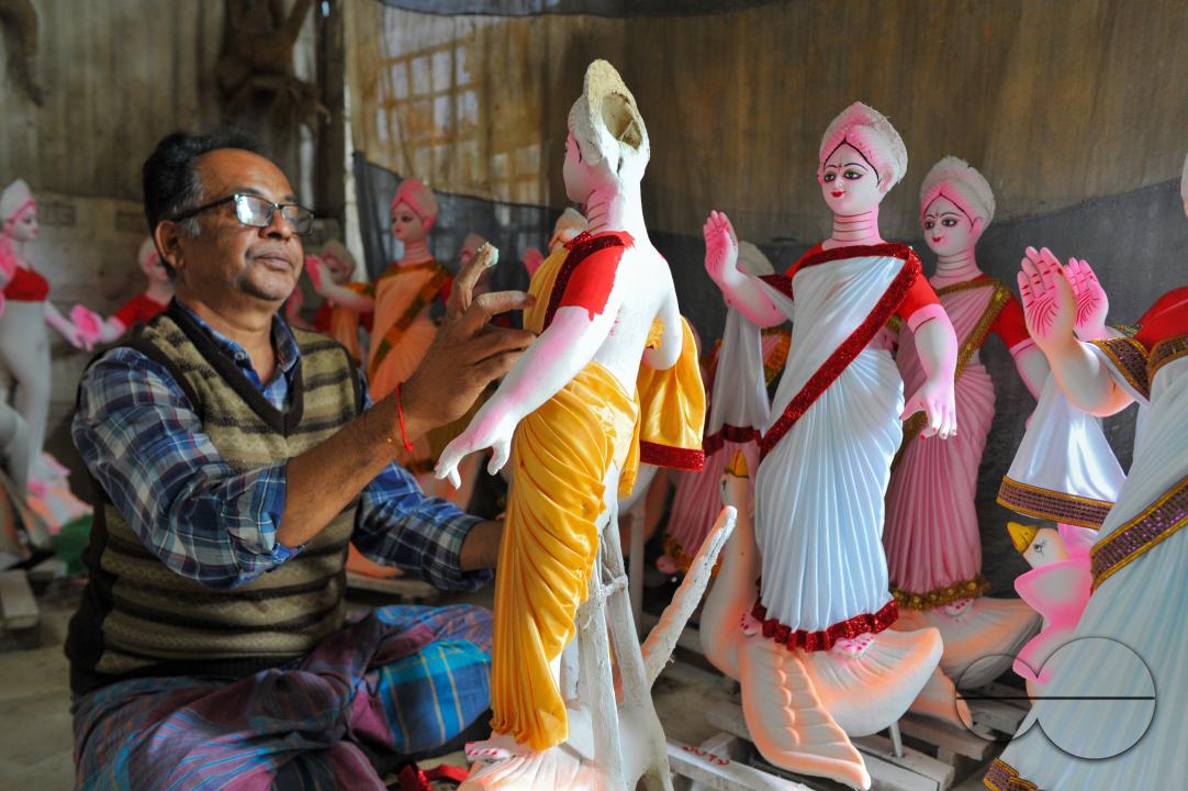 Hindu deity Saraswati's statue is being decorated in Sylhet