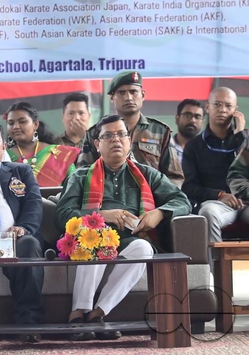 Minister of Youth Affairs and Sports, Assam Rifles DIG - Brigadier Manish Rana, and other officials of Assam Rifles are seen during the inauguration of the 7th National Zendokai Karate Championship at Assam Rifles Public School ground