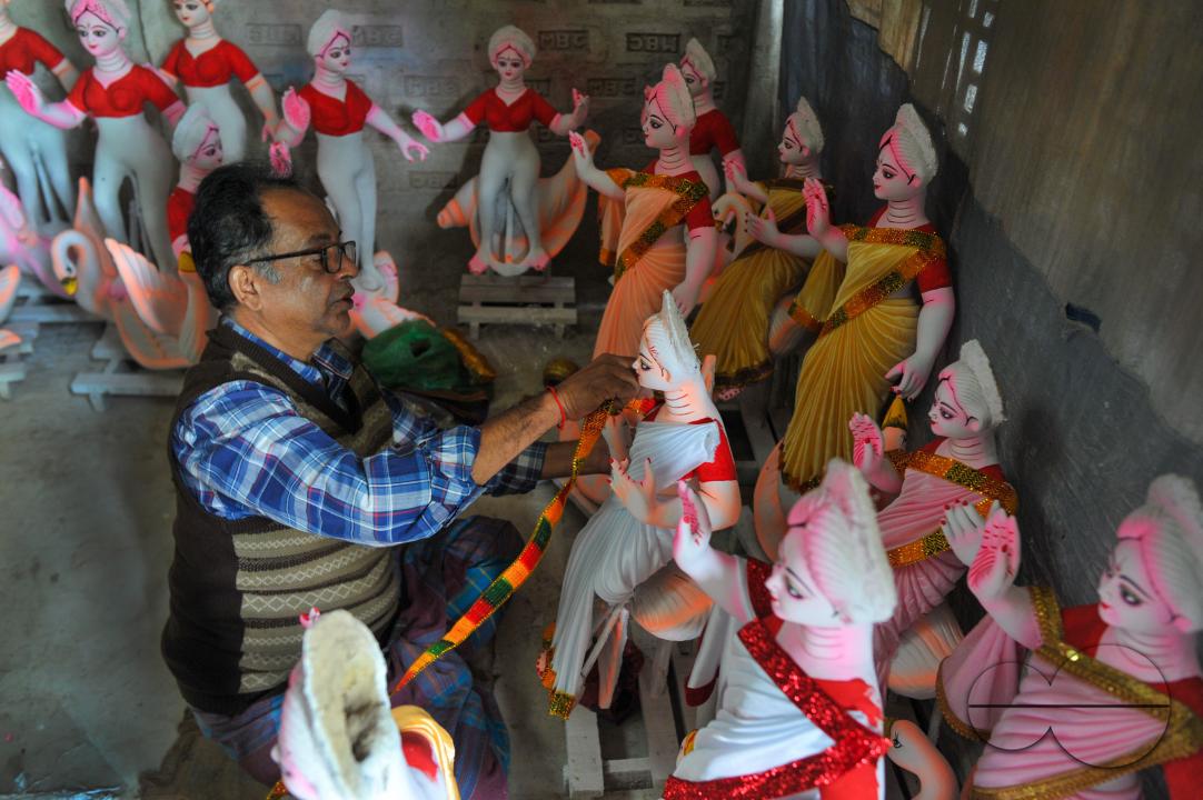 Hindu deity Saraswati's statue is being decorated in Sylhet